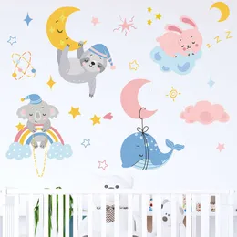 Leuke Cartoon Slapende Dieren Dolfijn Bunny Maan Muurstickers voor Kinderkamer Baby Kinderkamer Muurstickers Slaapkamer Decoratie