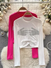 Frauen Sweaters Singreiny Streetwear Diamond Bluse Händeform Design O Hals Langarm koreanischer Stil 2023 Herbst Skinny Short Y2K Tops 231213