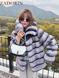 Women's Leather Faux ZADORIN Luxury Winter Jackets for Women 2023 Fluffy Warm Rabbit Fur Coat Chinchilla Lapel Short Jacket Tops 231212