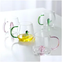 Bicchieri Bicchieri Tre Nsional 400Ml Tazza di vetro creativa 3D Tazza di animali simpatico cartone animato con manico Caffè Latte Tè Tazze per la colazione Novità Dhljh