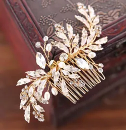 Noiva için lüks saç aksesuarları vintage altın metal yaprağı kristal saç tarak gelin düğün pimleri kadın parti mücevherleri18558034