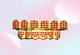 Hip Hop Party Cosplay Bio Rame Oro Denti Grillz Caps Top Bottom Shiny Bling Bling Red CZ Charm Grill Set Tooth Socke88419167092468