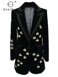 Kombinezony damskie Blazery Seqinyy Black Long Jacket Spring Autustwa Fashion Design Women Runway High Street Vintage Animal Freading Velvet Blazer 231213