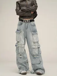 Jeans masculinos indústria pesada resíduos estilo solo multi-bolso nicho macacão marca de moda solta calças retas casal casual