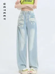 Damen Jumpsuits Strampler UETEEY Blaue Jeans mit hoher Taille, weites Bein, Baggy-Hosen, Streetwear-Hose, Y2k-Mode, 2023, vielseitige, lockere Denim-Mutter 231213