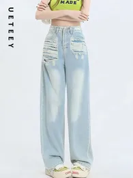 女性用ジャンプスーツロンパースueteey blue high waisted jeans wide legggy pantsストリートウェアズボンy2kファッション2023多目的ルーズデニムママ231213