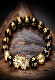 Mulheres homens feng shui preto obsidiana riqueza pulseira com ouro pixiu sorte rico amuleto pulseira presentes para mulher men8407954