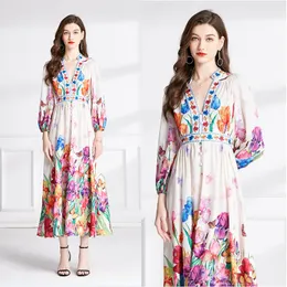 Designer Floral Party Linge Boho Maxi Robe Lanterne Manches Femme Col En V Mince Vintage Coupe Élégante Vacances Robes Froncées 2024 Printemps Automne Doux Mignon Piste Robes