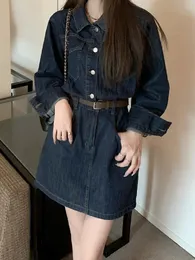 Grundläggande avslappnade klänningar S5xl Vintage Women Denim Dress Långärmning avbryta kragen mini vår sommar kvinnlig skjorta 231212