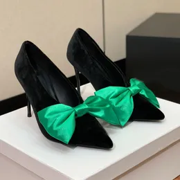 Mulheres apontou salto alto bowknot veludo designer clássico bombas de couro genuíno sexy salto fino luxo inferior borracha multicolorido