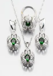 Orecchini Collana Vendita Tridimensionale Argento Colore Verde Creato Set di gioielli con fiori di smeraldo per anello da donna 678910 JS39590210