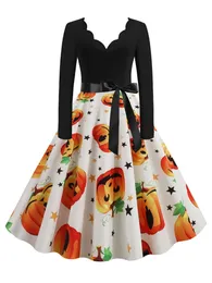 فساتين غير رسمية أساسية S3XL Women Long Sleeve Pumpkin Print Halloween Dress Vintage Elegant Party Winter Vestidos Black 231212