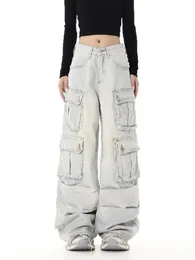 Damen Jeans Hip Hop Street Weiß Multi Pocket AutumnWinter Direct Wash Design Bodenlange Hose mit weitem Bein 231213