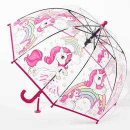 المظلات 2023 أطفال ملون الأميرة مع ملزمة جميلة شفافة البلاستيك الطباعة يونيكورن مظلة Kawaii فتاة 231213