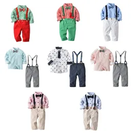 Bebek Erkek Beyefendi Strap Kıyafetler 2019 Bahar Sonbahar Çizgili Bağlar Gömlek+Pantolon Setleri Moda Butik Çocuk Giyim Setleri BJ