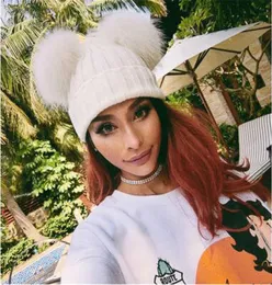 Kadın039s örme şapkalar katı çift kürk top yün şapkalar moda tatlı bayanlar kış şapkaları beanie 6 color9880668