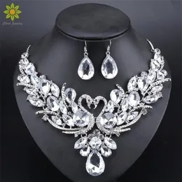 Hochzeit Schmuck Sets Klar Kristall Braut Silber Farbe Schwan Anhänger Halskette Frauen Geschenk Party Prom Ohrring Zubehör 221109304D