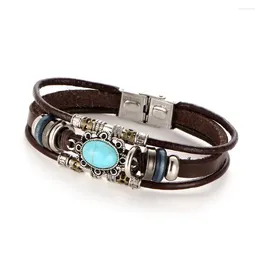 Charm Bracelets Leather Bracelet Creative Retro Punk Wind Inlaid Oval Turquoise Men Vintage Multilayer Braid