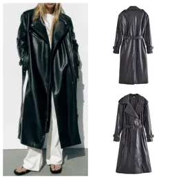 Kvinnors trenchockar PB ZA2023 Mångsidig mellanslängd lapelstil Trendy och retro Hong Kong Faux Leather Coat 231212