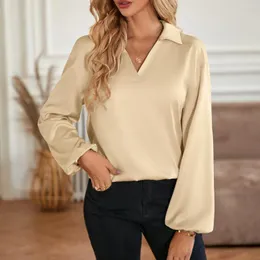 Женские блузки 2024, весна и осень, элегантная однотонная рубашка с v-образным вырезом и лацканами, темпераментная офисная женская блузка с длинными рукавами