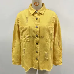 Women's Jackets Fdfklak Lapel Long Sleeve Top Retro Street Cowboy Hole Shirt Coat Woman Yellow Denim Jacket Chaqueta De Mezclilla Mujer S-XL YQ231213