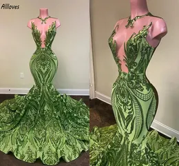 Błyszczące zielone, seqined koronkowe sukienki wieczorowe arabskie aso ebi sheer szyi aplikacja szczupła i flare sukienki na bal