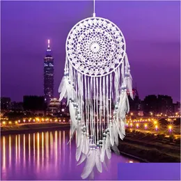 Kunst und Kunsthandwerk, handgefertigt, Spitze, Traumfänger, rund, mit Federn, hängende Dekoration, Ornament, Handwerk, Geschenk, Clogheted White Dreamcatcher W Otdky