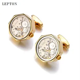 Boutons de manchette de mouvement de montre d'immeuble avec verre Lepton, boutons de manchette de mécanisme de montre Steampunk en acier inoxydable pour hommes 2351