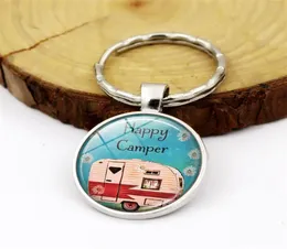 2020 Happy Camper Quote Keychain Travel Car Key Chain Ring Glass Cabochon Dome Jewelry Pendant Silver Metal Keyring Fashion Gift6843692