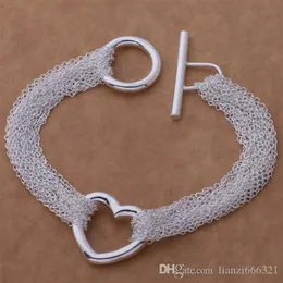 Top 925 Silver Bracelet Multi Links Chain Heart Pendant Bracelet Silver Jewelry 10Pcs lot cheap 1023242V