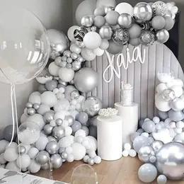 Dekoracje świąteczne 102PCS Srebrny szary biały balon girland łuk Agat metalowe balony ślubne przyjęcie urodzinowe dekoracje baby shower globos lateks balon 231213