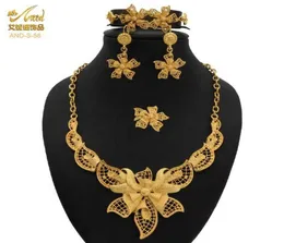 Conjunto de joias de casamento aniid, joias com flores, ouro nigeriano para mulheres, pulseiras indianas, joias etíopes, colar e brincos de noiva h9484596