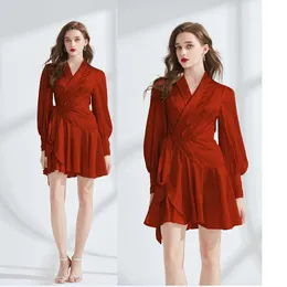 Designer Orange Party Satin Wrap Dress with Puff Sleeve Woman V-Neck Slim Lace Up Bow Runway Vintage Elegant Fit Mini Ruffle Dresses 2024 Spring Fall Vacation Frocks