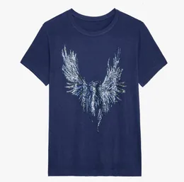 24ss Zadig Voltaire Neues Damen-Designer-Pullover-T-Shirt Klassisch Baumwolle Wings Hot Diamond Vintage-Druck Blau Lässig Vielseitig Trend Kurzärmelige Polos T-Shirts Tops zv