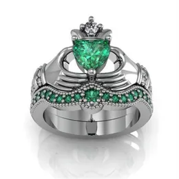 Eternal Claddagh Ring Sets Luxury 10KT White Gold Filled 1CT Heart Green Sapphire Women Engagement Wedding ring for Women Gift Siz309L