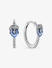 Rose Gold Plated 100 925 Sterling Silver Blue Pansy Flower Hoop أقراط الأزياء الأوروبية الحمر الزفاف مجوهرات مجوهرات acces2773721