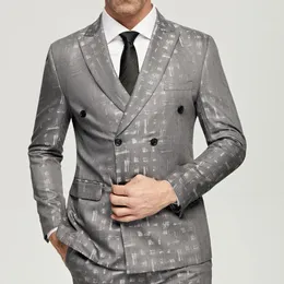 Etniska kläder Men's Grey Jacquard Suits 2023 Casual Double Breasted 6 Button Wedding Grooms Wear Jacket Pants Formal Prom Dinner 231213