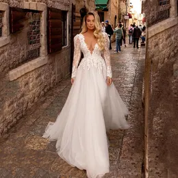 Urban Sexy Dresses Sodigne Boho Luxury Wedding Long Sleeve Seep V Neck Bride Dress Lace Applqiues Bridal Gowns Custom Made 231213