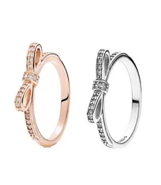 925 Sterling Silver Sparkling Bow Ring Set Original Box for grain Women Wedding CZ Diamond bowknot 18K Rose Gold Rings W1566741462