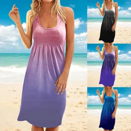 Robes décontractées Femmes Convient Robe d'été Col rond Sans manches Réservoir Beach Swing Mode Lâche Midi Volant