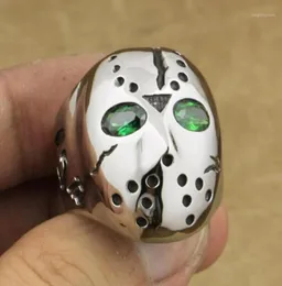 Anello da uomo in acciaio inossidabile 316L con maschera di Halloween Jason Hockey Green CZ Eyes 3F201A19533773