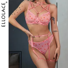 Sexy Set Ellolace Love Print Lingerie Seamless Bra Kit Push Up Light Pink Valentine's Day Sex Suit Halter Bra Luxury Romantic Costume 231213