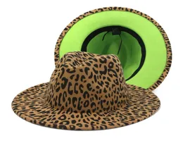 Semplice unisex a tesa piatta in feltro di lana jazz cappelli Fedora uomo donna leopardo fondo verde patchwork trilby panama cappelli formali superiori8469457