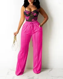 Damen Zweiteilige Hosen Sexy Tow Set für Frauen Outfit 2023 Sommermode Blumendruck Sheer Mesh Cami Top Lady Kordelzug Streetwear