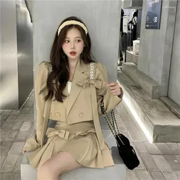 Arbeitskleider Langarm Bow Fashion Elegant Short Coat 2023 Herbst High Taille Eine Linie Mini Faltenrock Frauen Angestellte schicke weibliche Kleidung