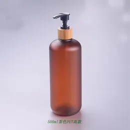 Lagringsflaskor burkar 500 ml 10 20st Frosted Amber Plastic Cosmetic Emulsion Lotion Pump Bottle Bamboo Head Shampoo Dusch Gel P251G