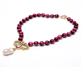 Guaiguai المجوهرات الطبيعية ناعمة جولة Fuchsia نمر العيون قلادة مكعب الزركونيا Cz Pave Pink Keshi Pendant للنساء 7487655