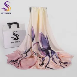 BYSIFA Roxo Azul Floral Senhoras Lenço De Seda Xale Moda Feminina Lenços Longos Envoltórios Outono Inverno Elegante Feminino Lenço De Cabeça Y20105049263