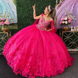 Vestido De lujo De 15 Anos, vestidos De quinceañera rojo rosa, cuentas De flores 3D con capa, Vestido De fiesta De 16 cumpleaños para niñas mexicanas