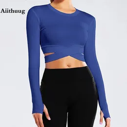 Yoga Outfit Aiihuug Miidriff Manga Longa Tops Sports Fitness Crop Top Gym Camisas Slim Fit Running Tank Criss Cross Cintura 231212